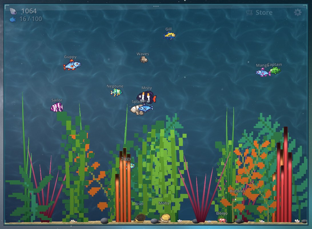 A Reefling aquarium full of pixel-art fish drifting among kelp and seaweed
